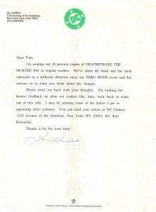 The letter I received from DC with a preview copy of Deathstroke: The Hunted #44.  If you look closely you see the watermark of various super heroes holding up the DC bullet.